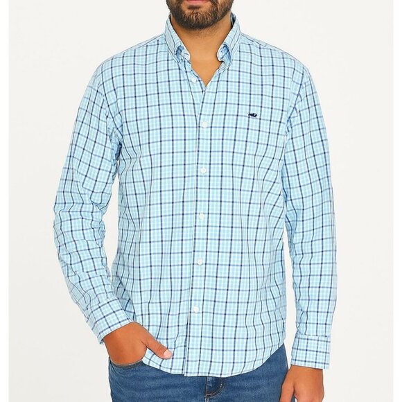 Vineyard Vines Poplin Tattersall Whale Shirt Blue Check Cotton Men’s Small S - Picture 1 of 5